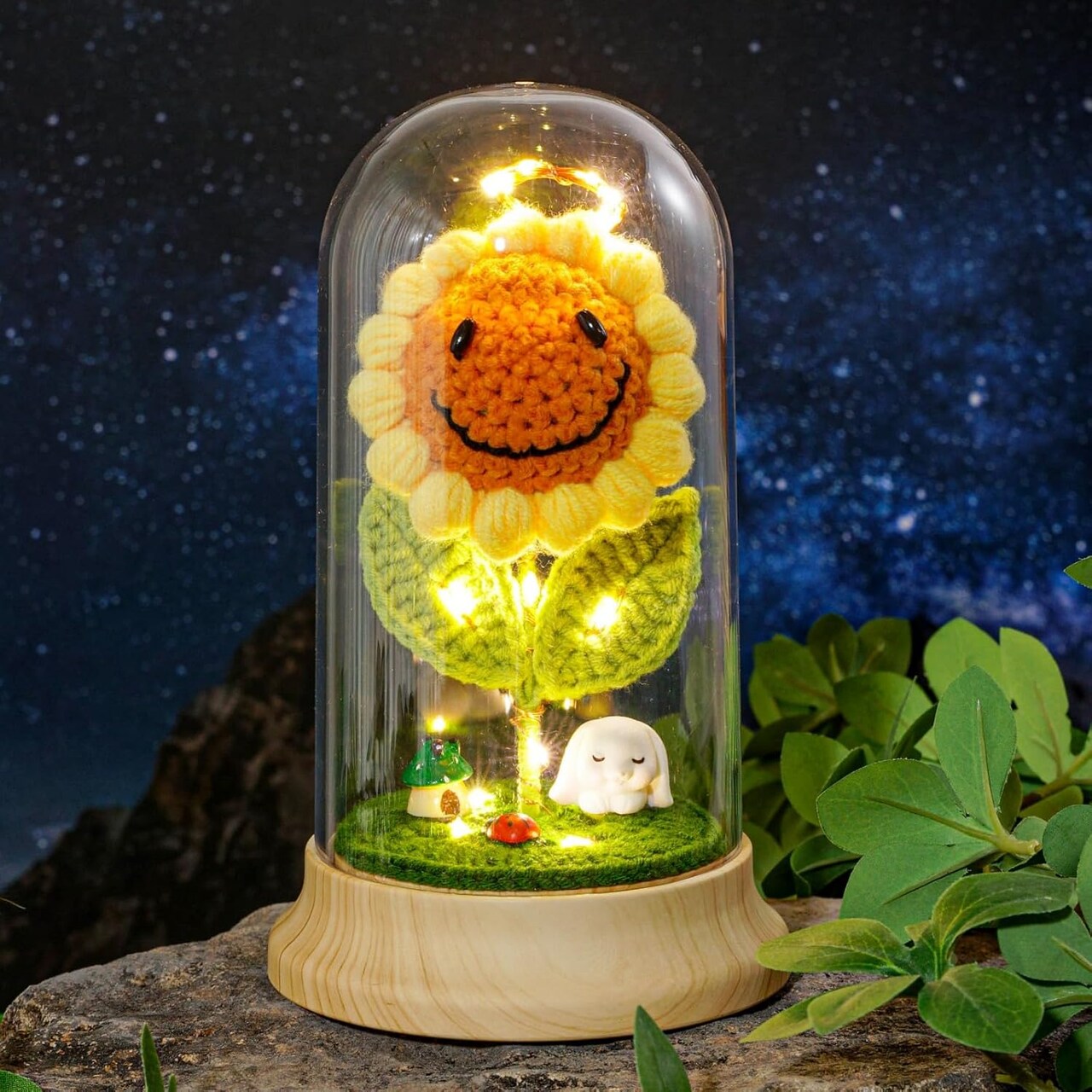 Sunflower Gifts for Women, with Led Glass Dome Smiley Crochet Artificial Sun Flower Desk Decorations, for Her Mom Mothers Day Birthday Christmas Valentine Gifts (W 4.3" X H 7.5")
